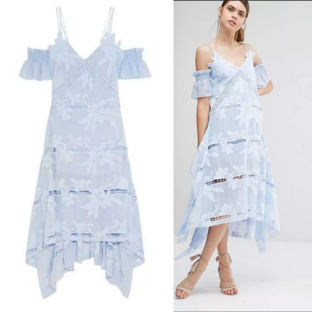 SELF-PORTRAIT Blue Floral Embroidered Midi Dress Size 4